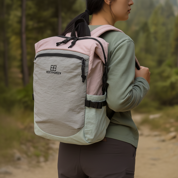 Lightweight daypack loaded with gear for a weekend camping and hiking trip