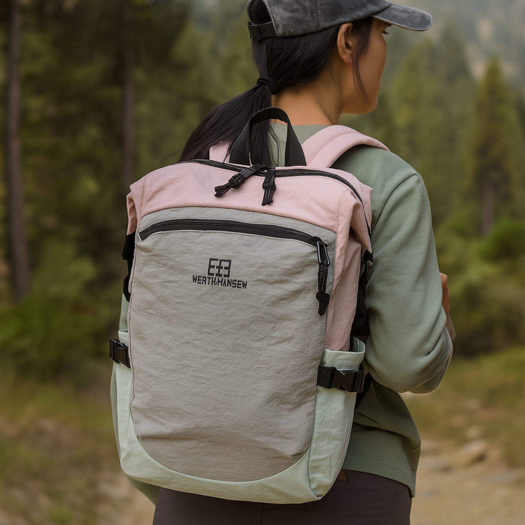 Travel backpack resting on luggage, illustrating the ideal companion for airport trips