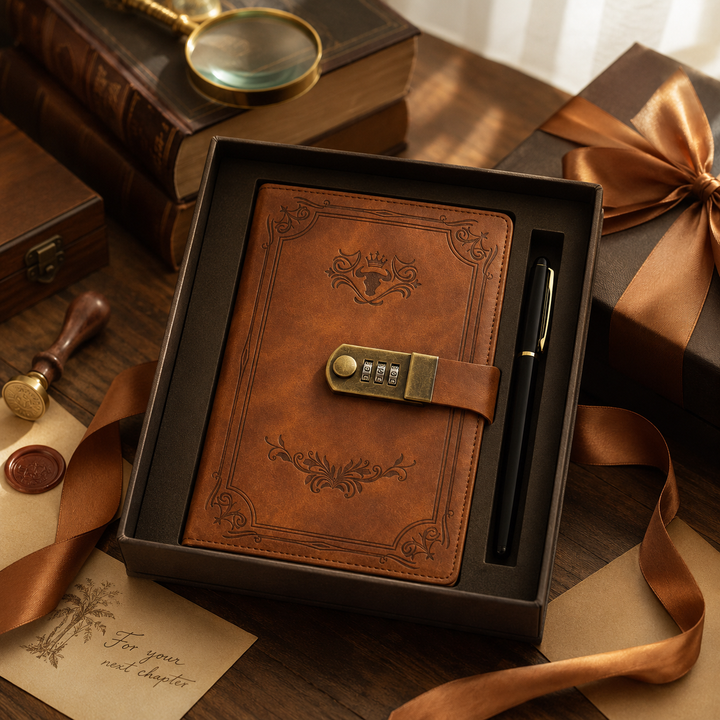 Detailed shot of the faux leather texture on the vintage lockable notebook
