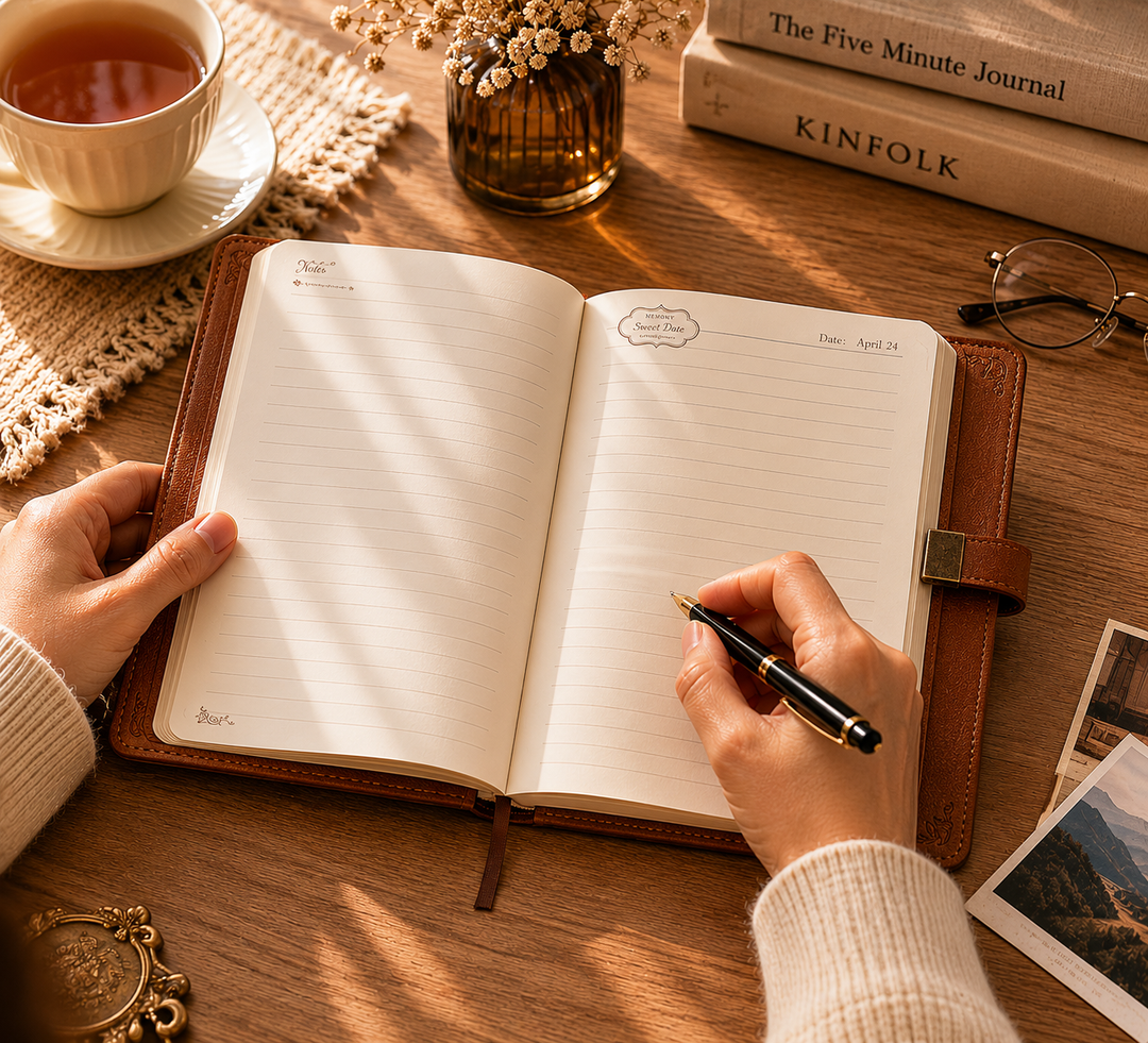 A5 writing notebook displayed next to a vintage fountain pen