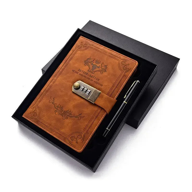 Gift-ready packaging of the vintage lockable A5 journal with accessories