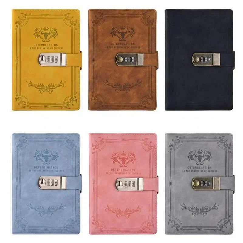 Isometric view of the lockable A5 notebook highlighting its vintage design