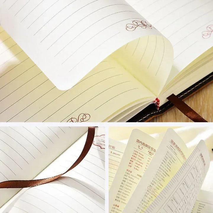 Open hardbound journal showing daily planner layout and notes
