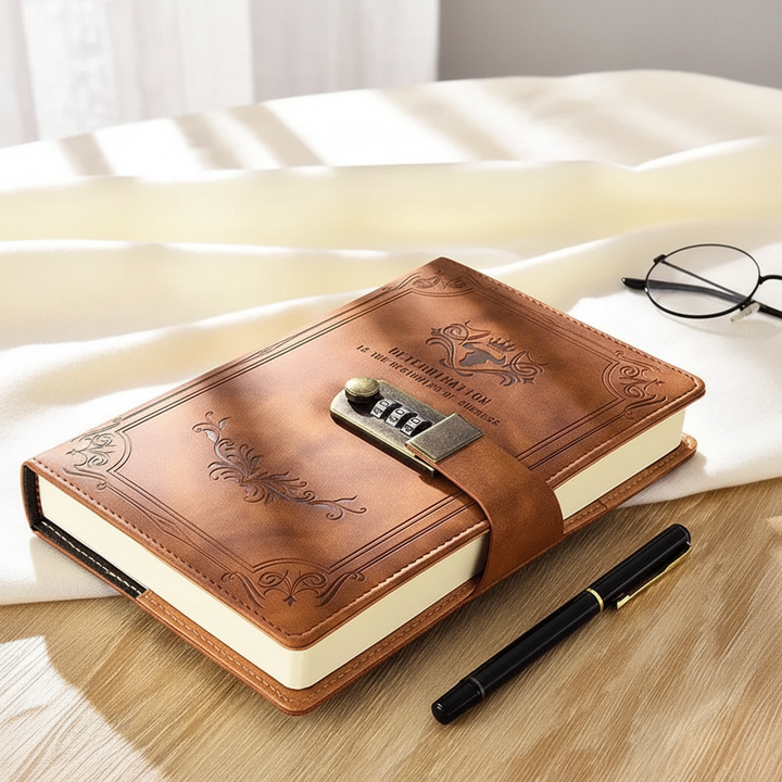 Brown vintage lockable A5 journal with combination lock and pen on wooden surface