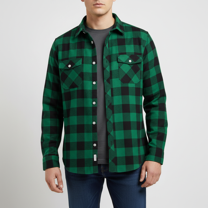 Feature shot of the chest pocket detail on this mens casual plaid shirt