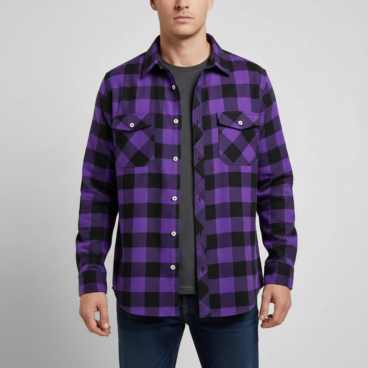 Close up of the adjustable button cuffs on the sleeves of the mens flannel shirt