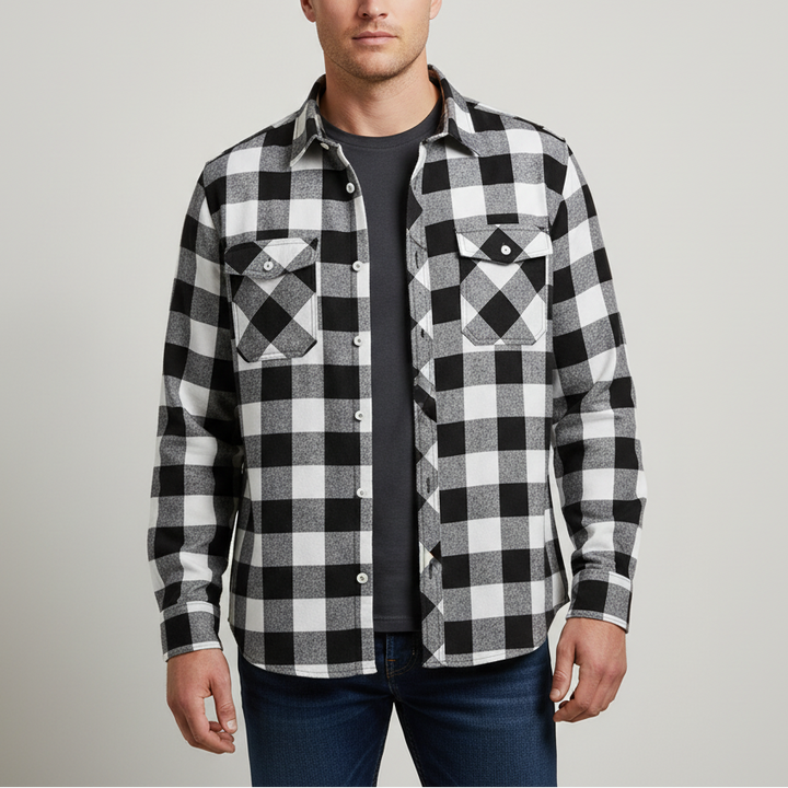 Full view of the mens fashion plaid flannel shirt styled for outdoor activities