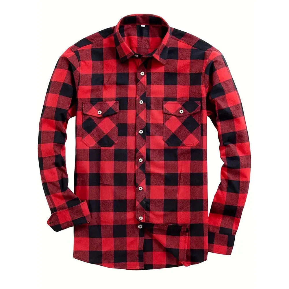 Collar detail of the mens long sleeve button up plaid shirt for everyday fashion