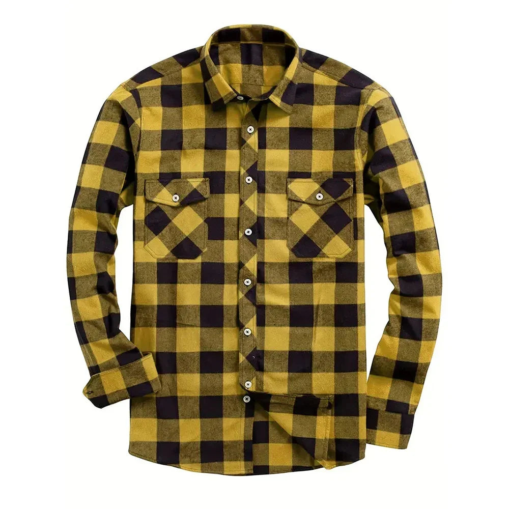 Folded presentation of the mens long sleeve plaid flannel shirt
