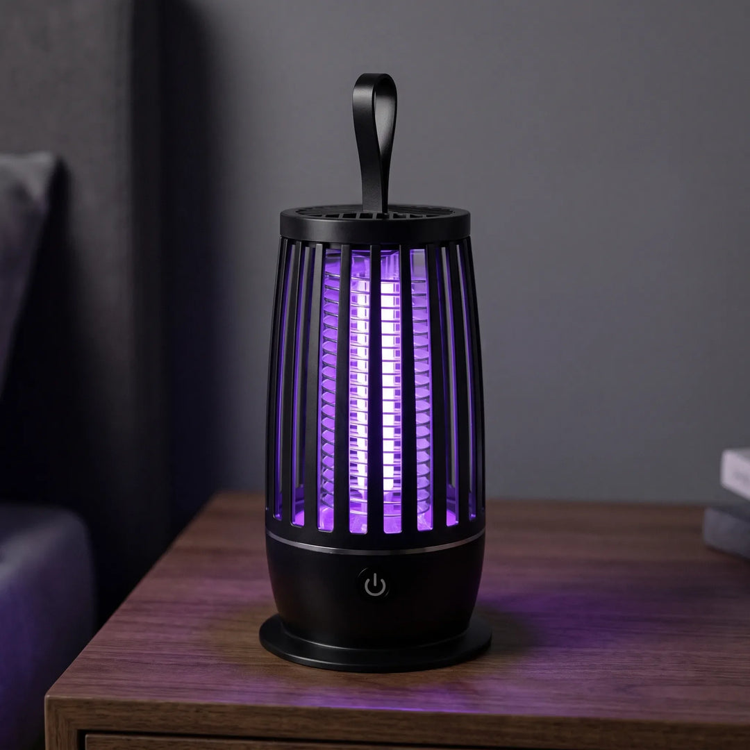 Portable ultraviolet insect zapper glowing with purple light on a wooden nightstand