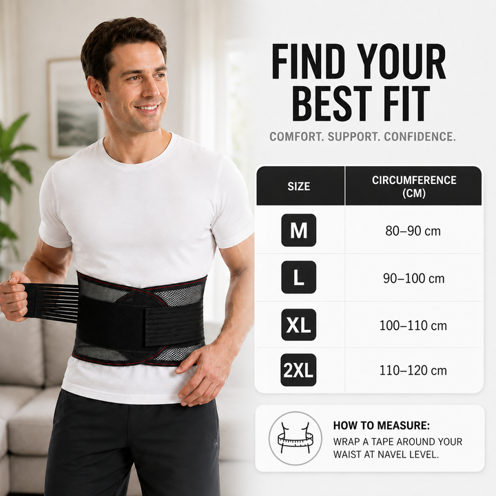 Infographic displaying sizing guide and waist circumference measurements for the support belt.