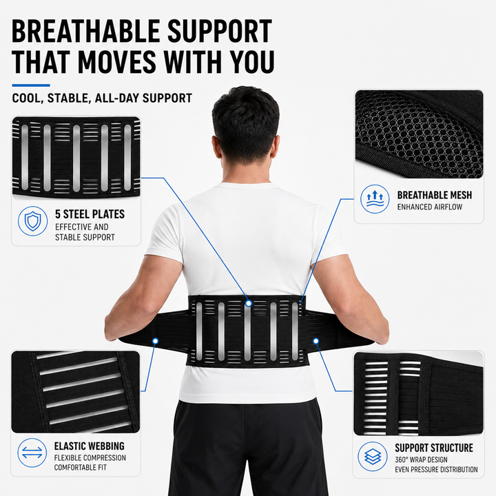 Close-up of breathable mesh material on the lumbar belt for comfortable everyday wear
