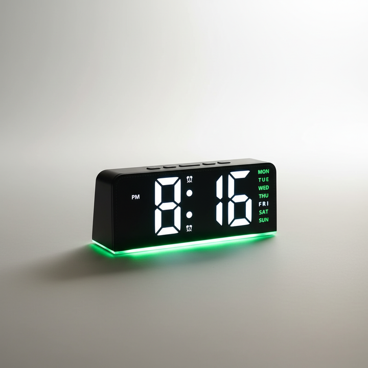 Modern LED digital desktop alarm clock showing clear time and temperature display