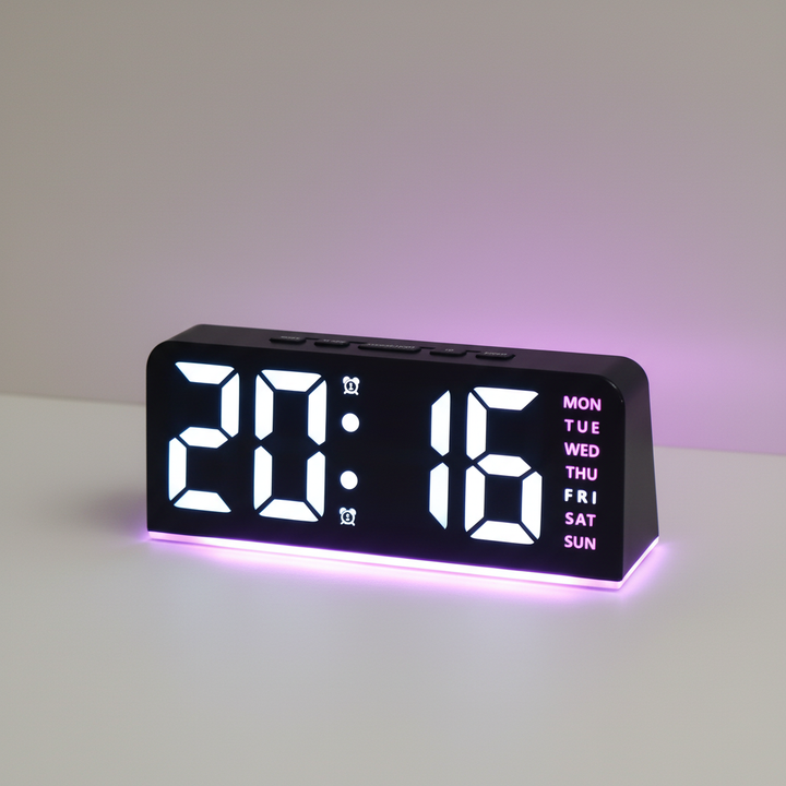 Bedside alarm clock emitting a soft ambient glow for nighttime illumination