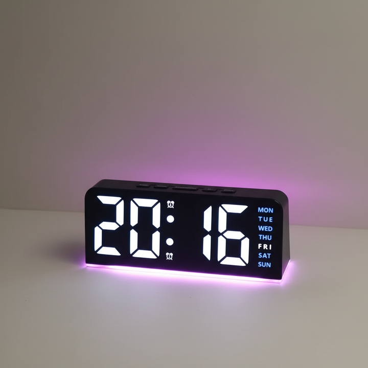 Stylish LED digital desktop alarm clock with ambient glow in packaging box