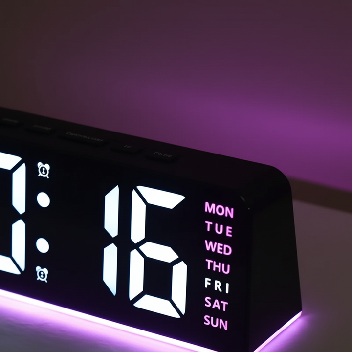 Modern alarm clock with colorful ambient backlighting for bedroom ambiance
