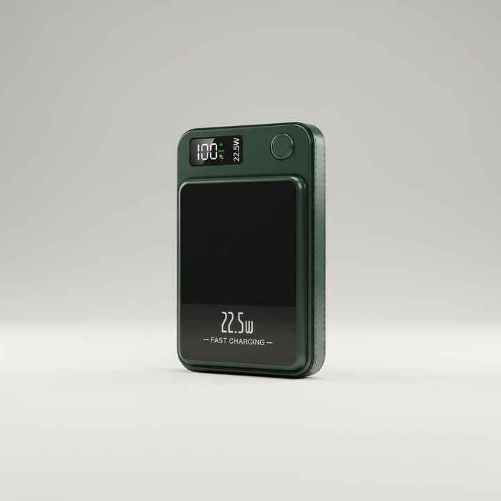 Magnera portable magnetic wireless powerbank showing digital battery percentage display