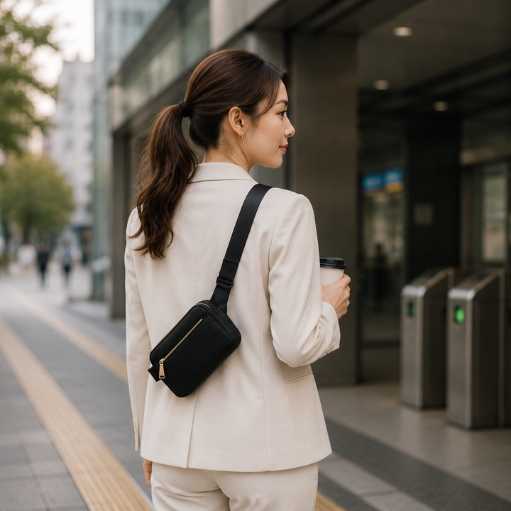 Phone and essentials stored neatly inside the waterproof fanny pack