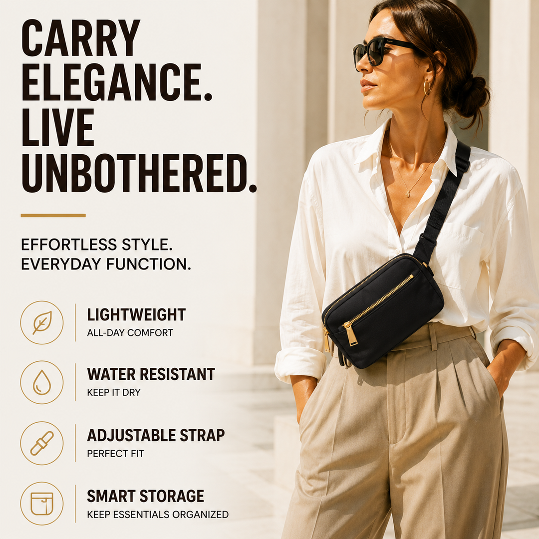Promotional graphic highlighting features of the black waterproof waist pack worn crossbody