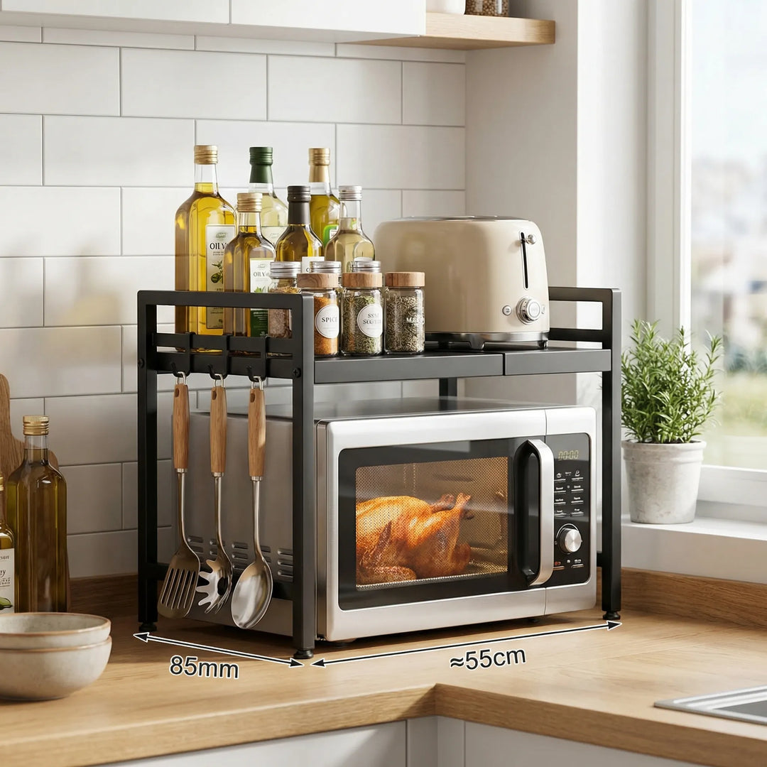 Black Microlane expandable microwave shelf holding a toaster and condiment bottles over a microwave
