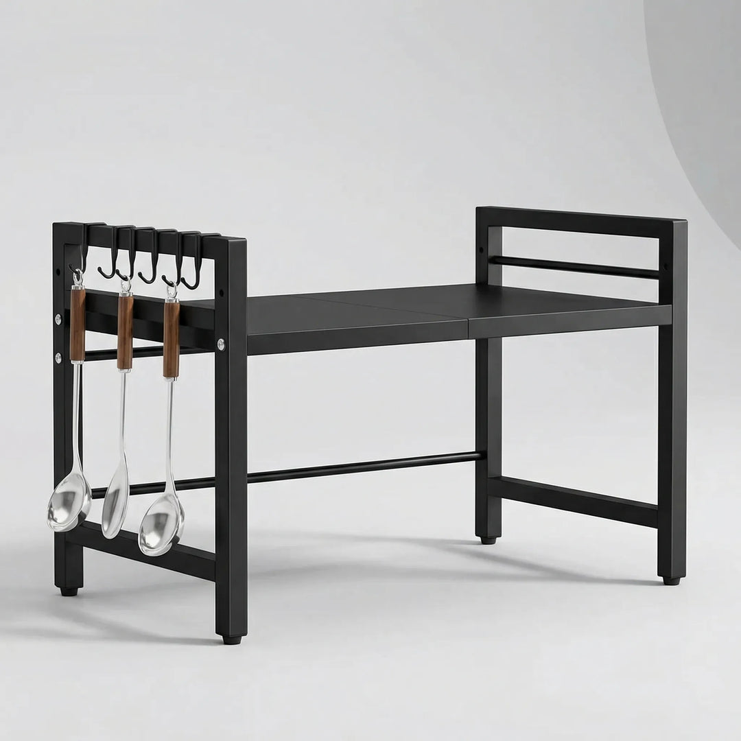 Expandable kitchen microwave shelf rack for counter organization and space saving