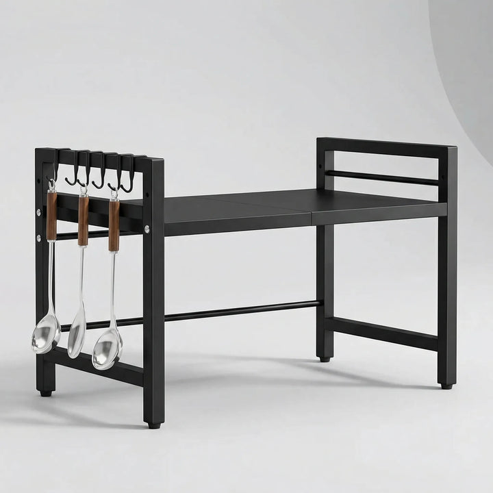 Expandable kitchen microwave shelf rack for counter organization and space saving