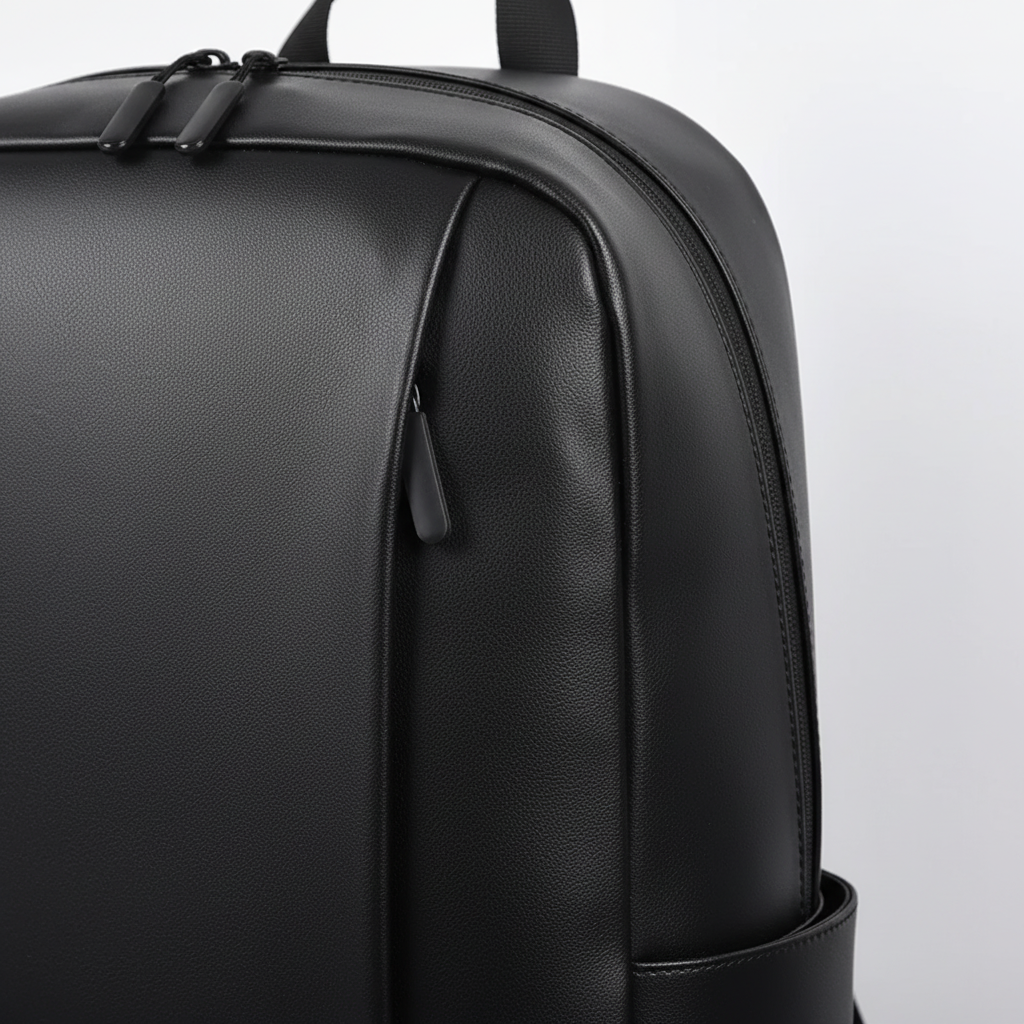 Unisex black commuter backpack showing front minimalist design and front zip pocket