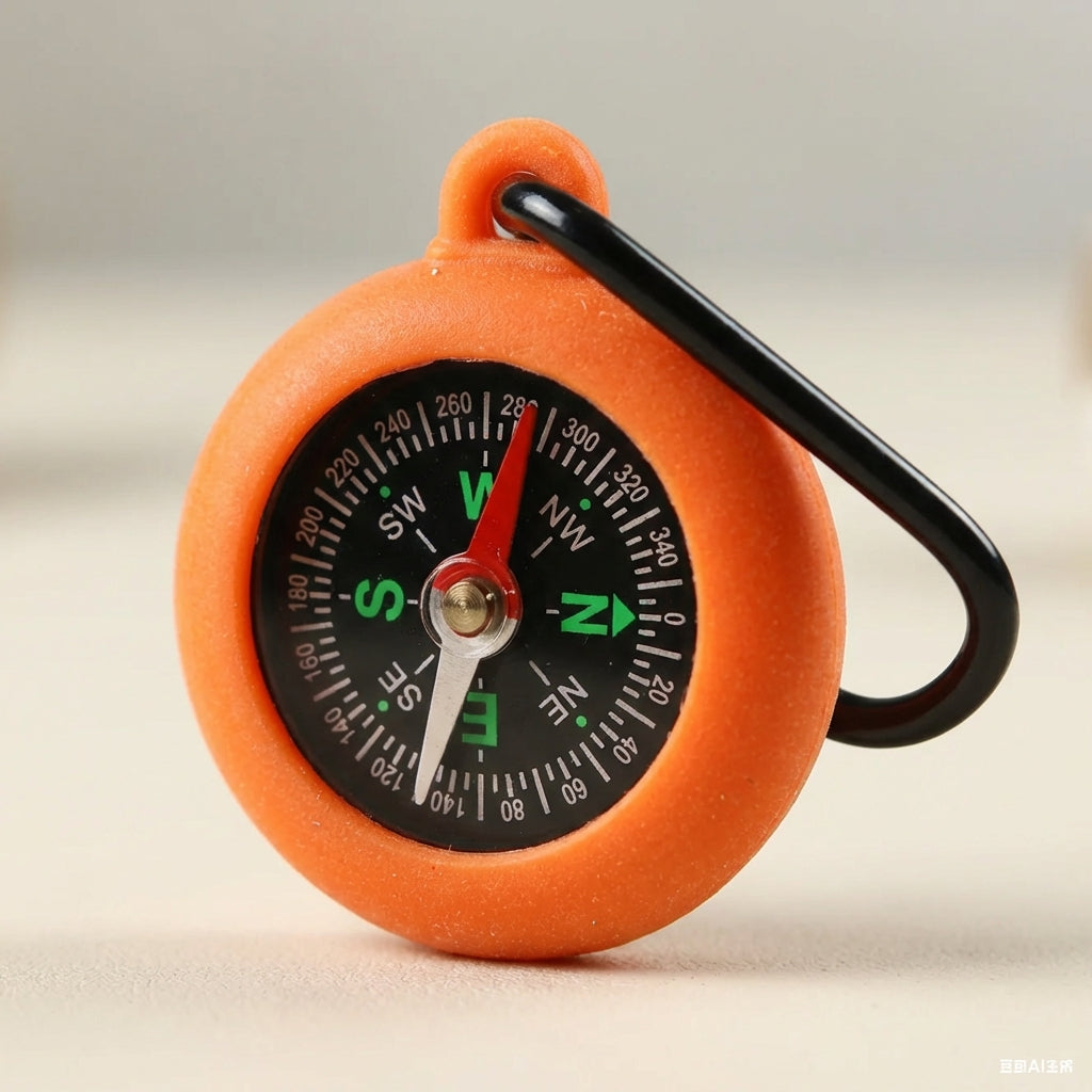 Miniature outdoor navigation tool dangling from camping backpack zipper
