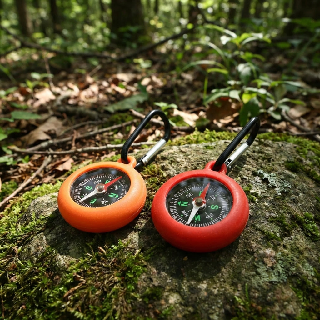 Orange and red carabiner compasses resting on forest moss