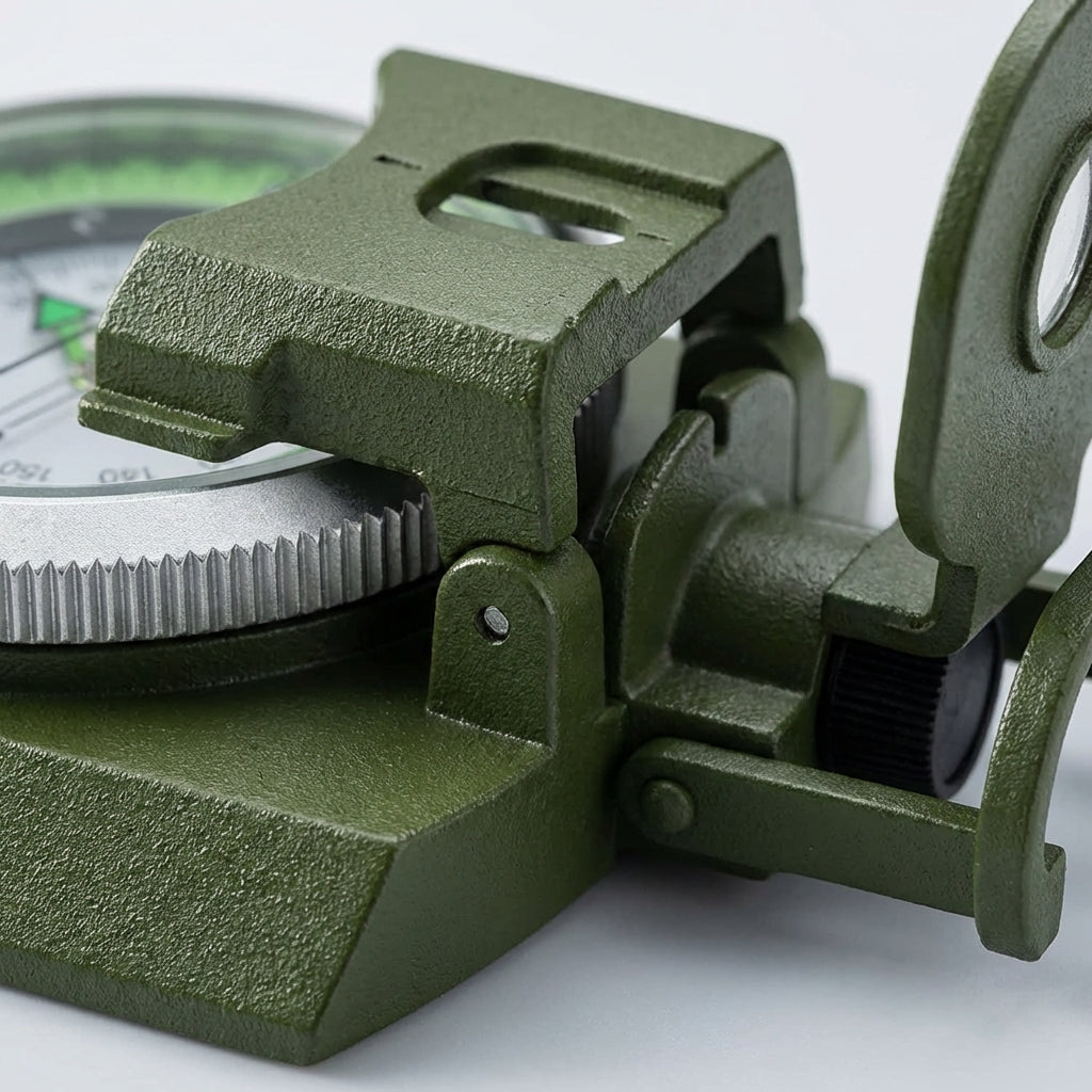 Close-up view of the rugged metal hinge and sighting mechanism on the compass