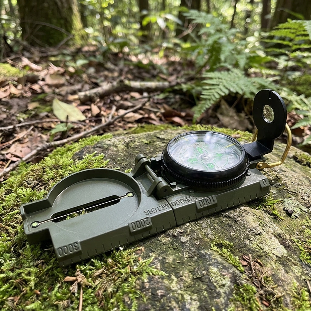 Folding sighting compass open on mossy forest ground