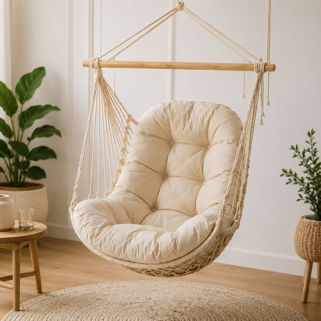 Deep tufted swing chair cushion offering luxurious support and style