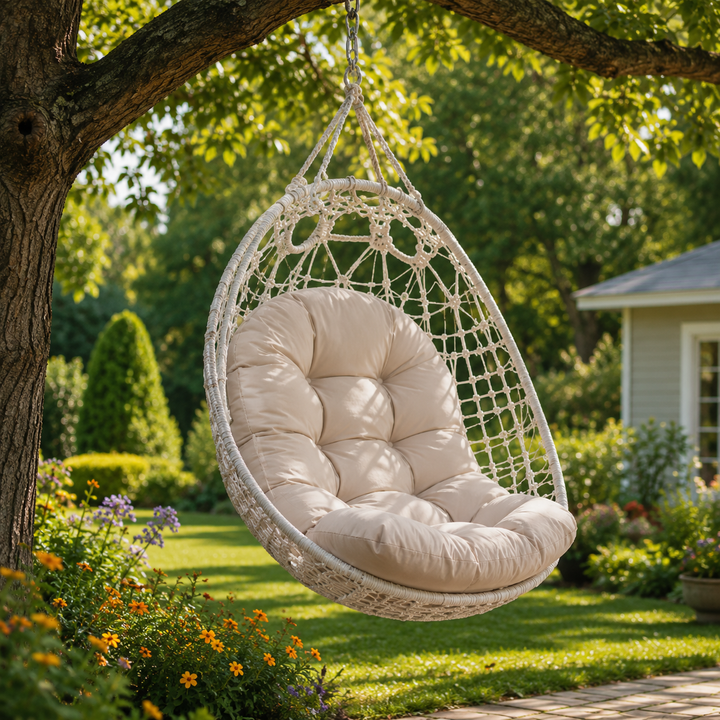 Soft outdoor patio cushion tailored for modern hanging basket chairs