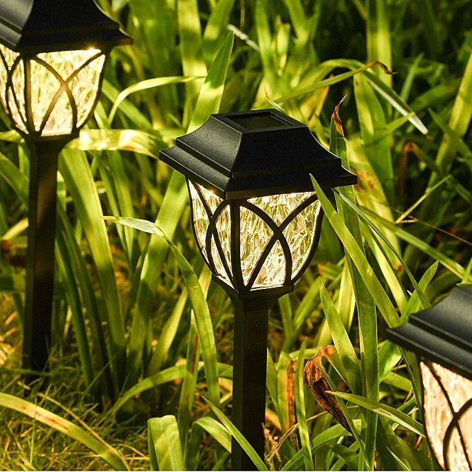 Complete set of solar powered garden lights ready for placement