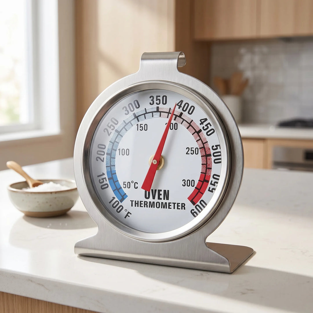 Stainless steel dial temperature gauge standing on a kitchen countertop
