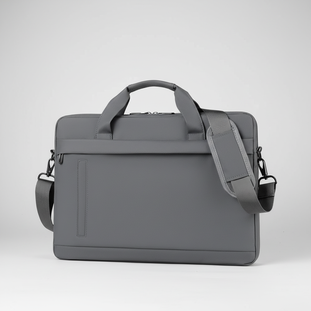 Organized compartments of a professional work bag holding documents and tech.