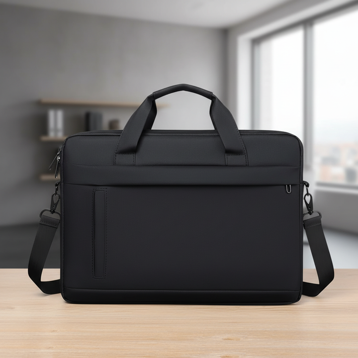 Professional black laptop carry bag displayed on a wooden surface