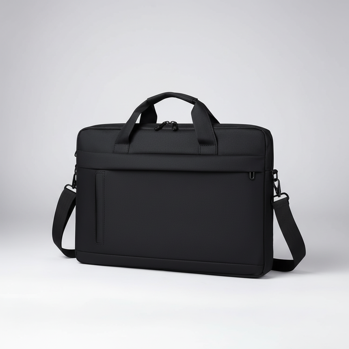 Back view of black commute bag showing trolley strap for easy airport travel.