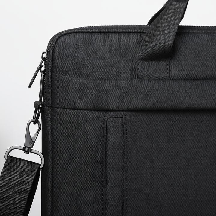 Water-resistant black computer bag and briefcase with durable handles.