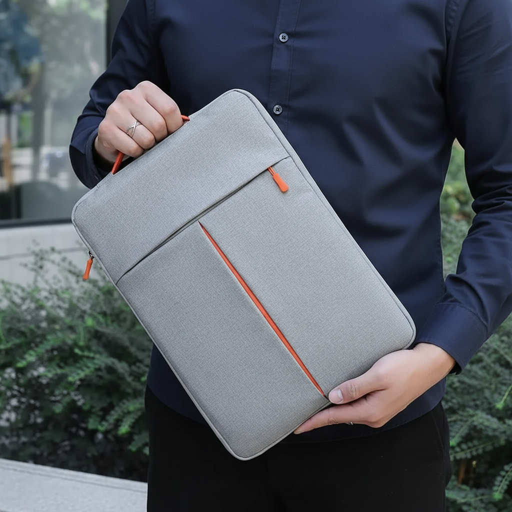 Person holding a grey protective laptop sleeve with orange zipper details outdoors