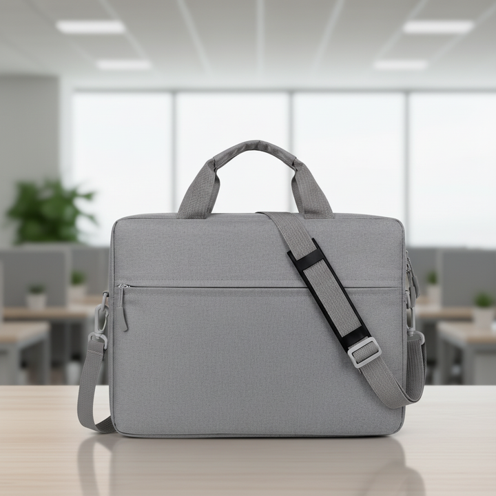 Grey waterproof laptop sleeve bag with shoulder strap on office desk