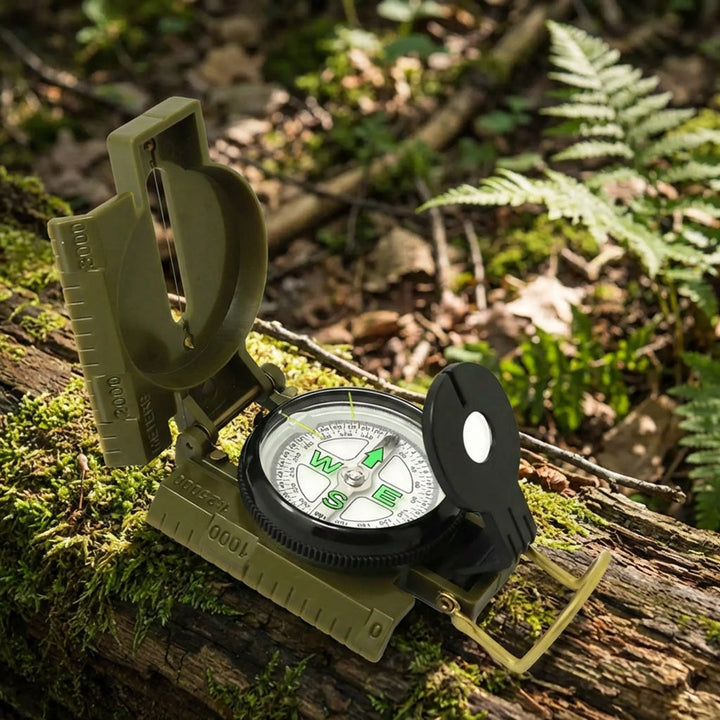 Pathvure foldable lensatic field compass open on mossy forest ground