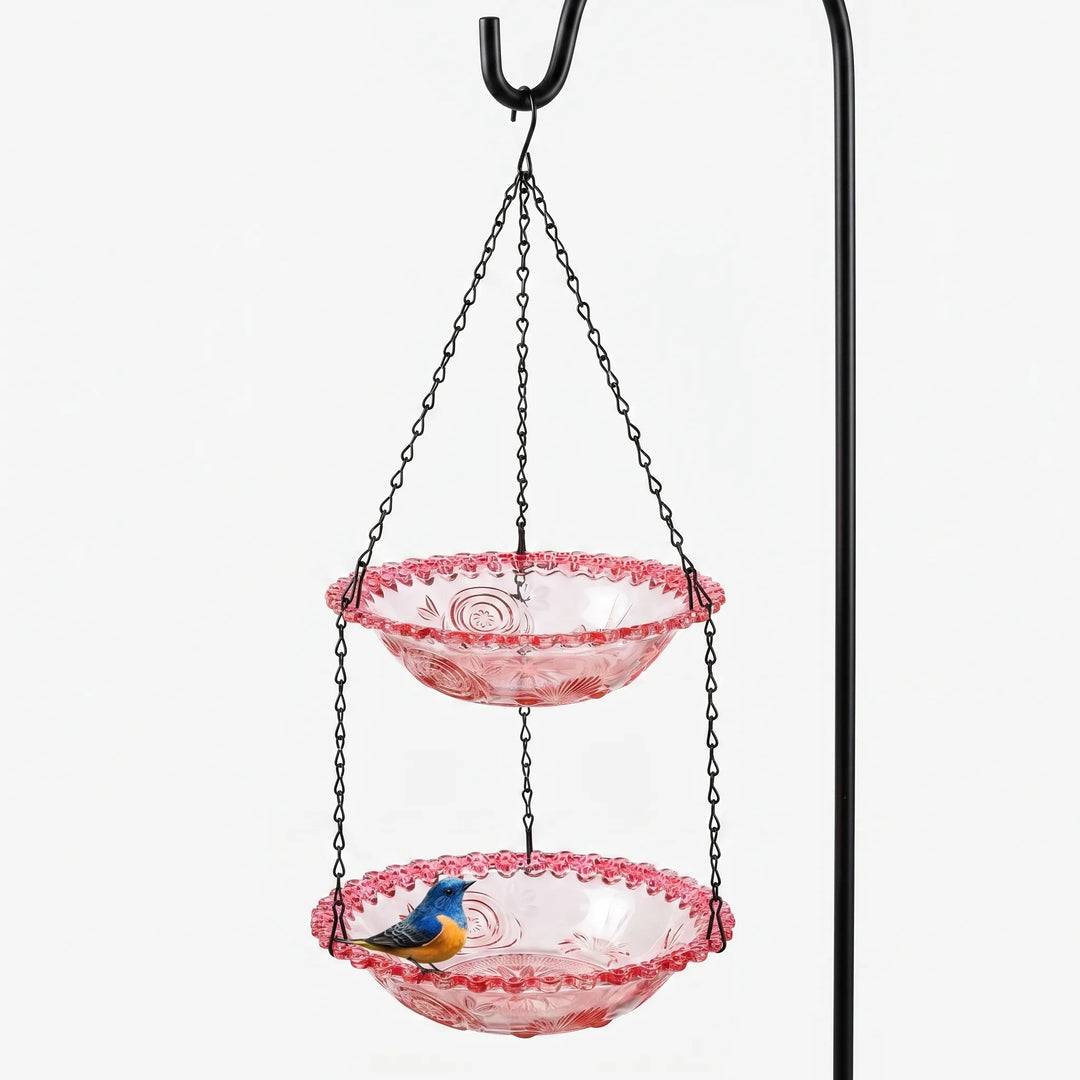 Decorative red flower bird feeder and garden bath for backyard birds