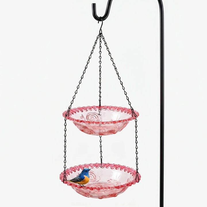 Decorative red flower bird feeder and garden bath for backyard birds