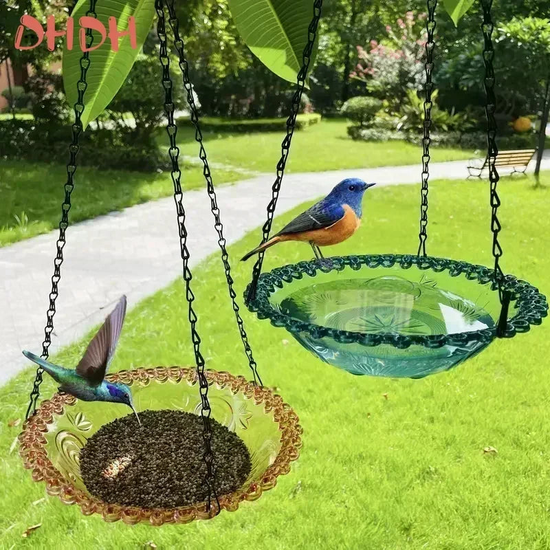 Hanging wildlife bird feeder designed as a blooming flower dish
