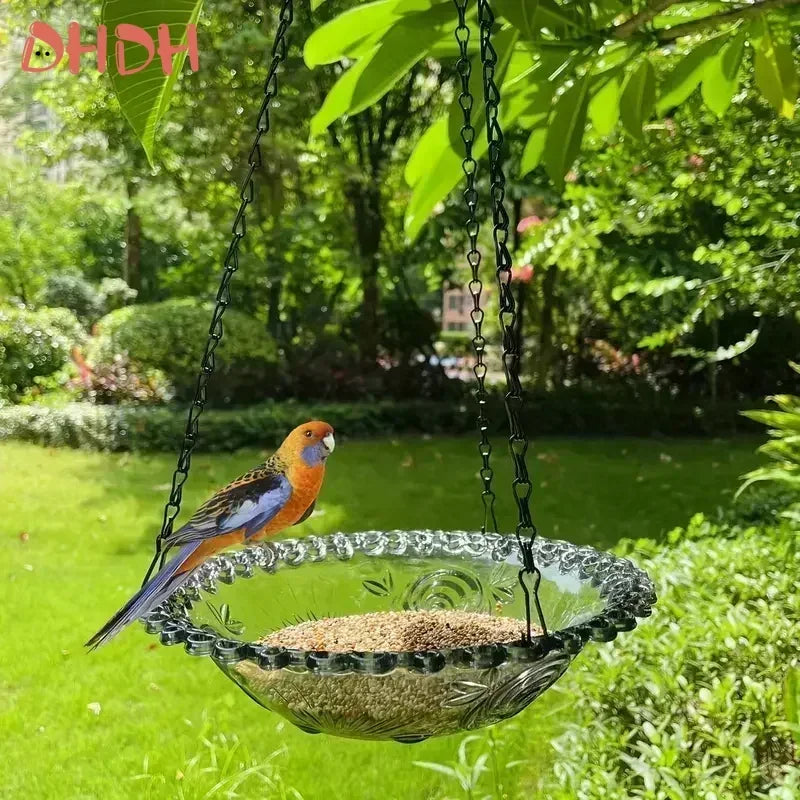Flower-shaped outdoor birdbath and hanging seed feeder accessory