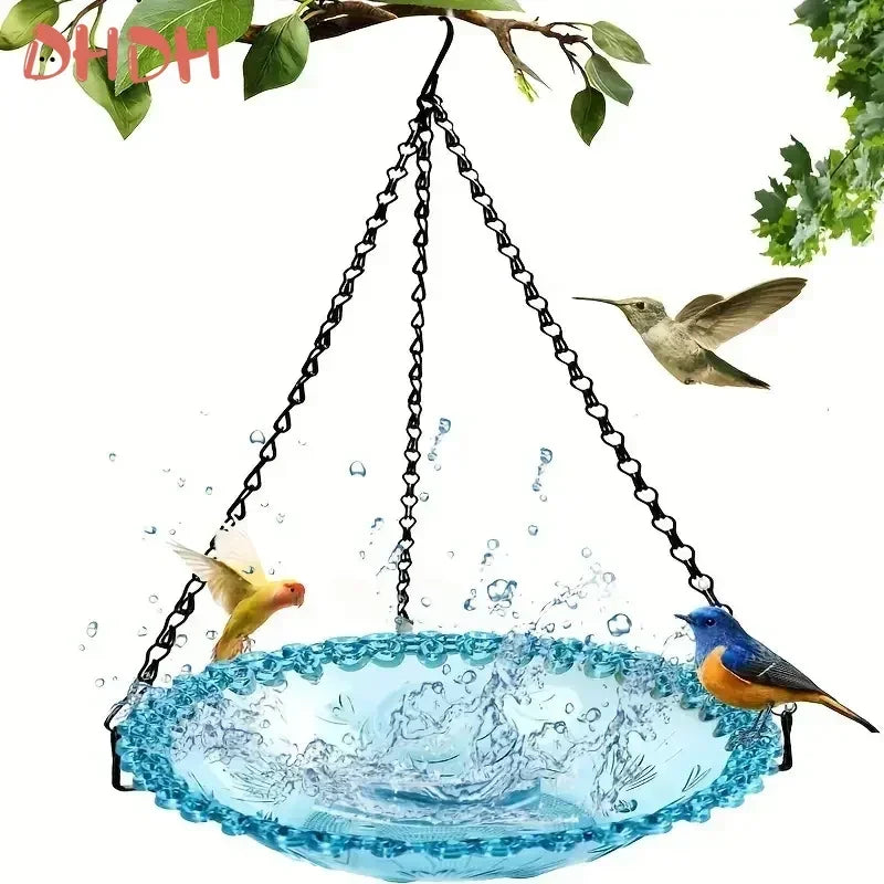 Hanging red flower bird feeder and bath for yard and patio use
