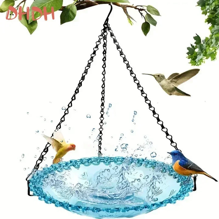 Hanging red flower bird feeder and bath for yard and patio use