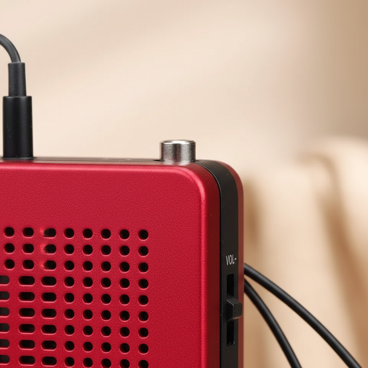 Portable mini pocket AM FM radio showing the digital tuning display and speaker