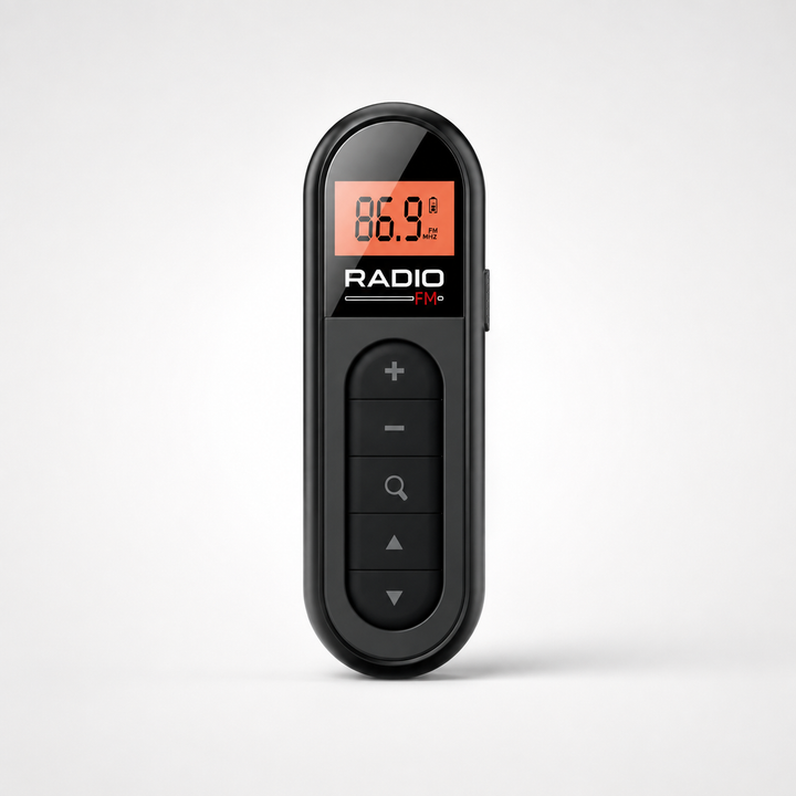 Person listening to portable pocket radio outdoors with earphones plugged in